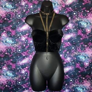 Forever 21 Black Velvet Gold Metallic Bustier Top